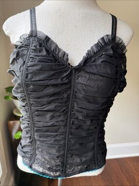 DKNY Black Ruched Mesh Corset-Style Camisole